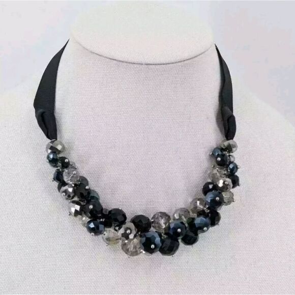 Ali-Kahn N.Y. Crystal Cluster Bead Necklace Black Silver Clear Ribbon Adjustable - Picture 5 of 10